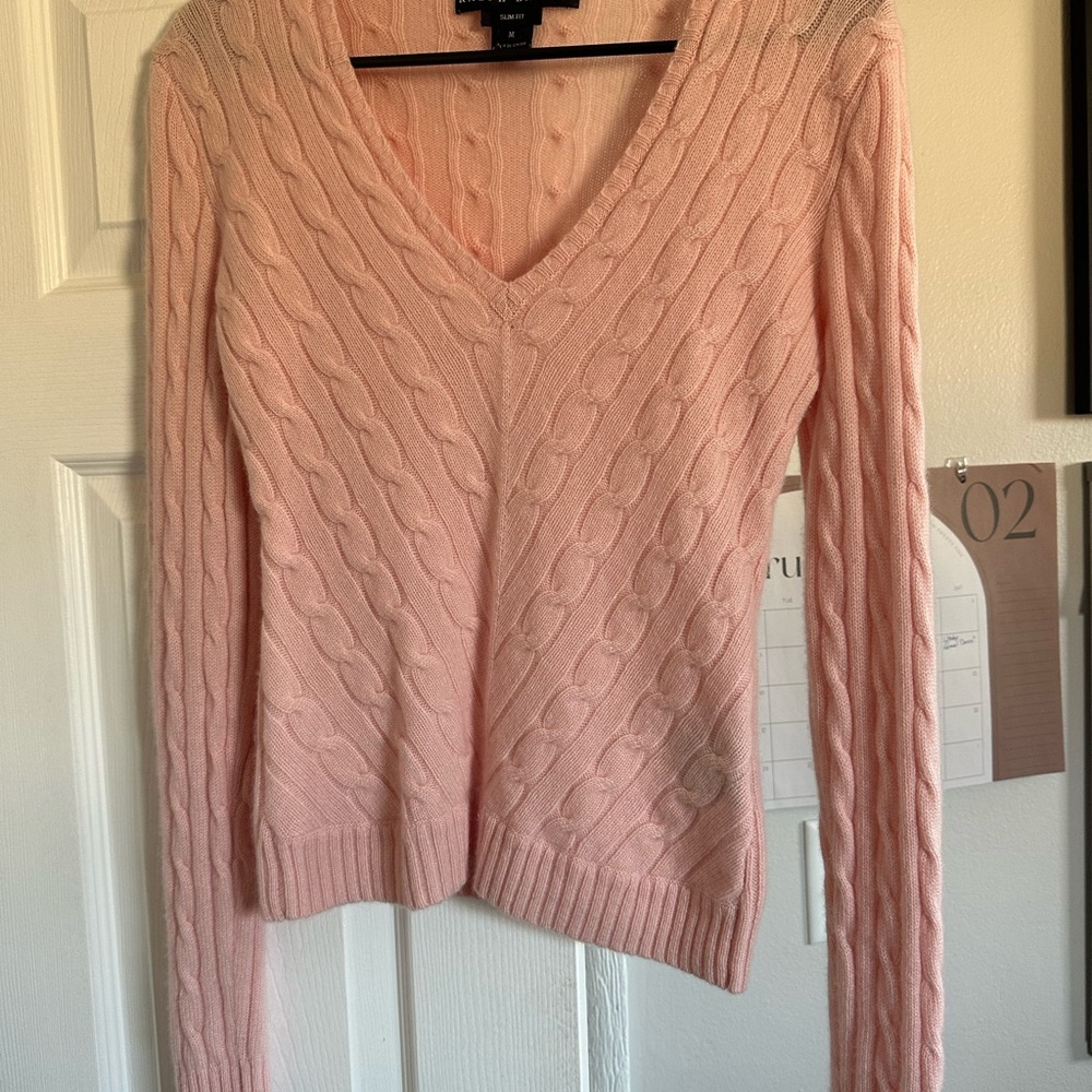 Ralph Lauren Pink V-Neck Sweater with Cable Knit Design 100% Cashmere